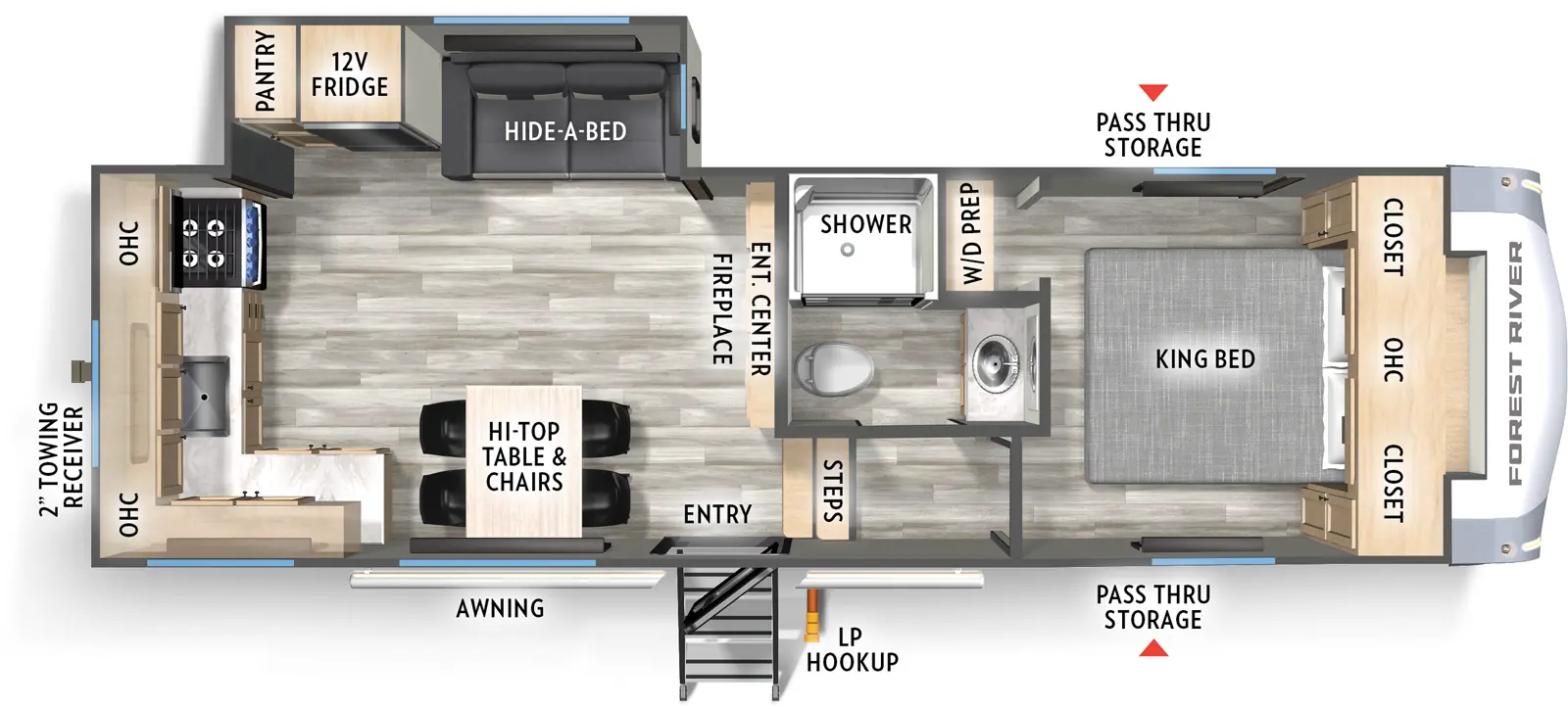 The 23RK has one slideout and one entry. Exterior features pass-through storage and awning. Interior layout front to back: foot-facing king bed with overhead cabinet and closets on each side, and off-door side closet with washer/dryer prep; off-door side full bathroom with medicine cabinet; steps down to entry and main living area; entertainment center with fireplace along inner wall; off-door side slideout with hide-a-bed sofa, 12V refrigerator, and pantry; door hi-top with chairs and kitchen counter wraps to rear with sink, cooktop, and overhead cabinet.